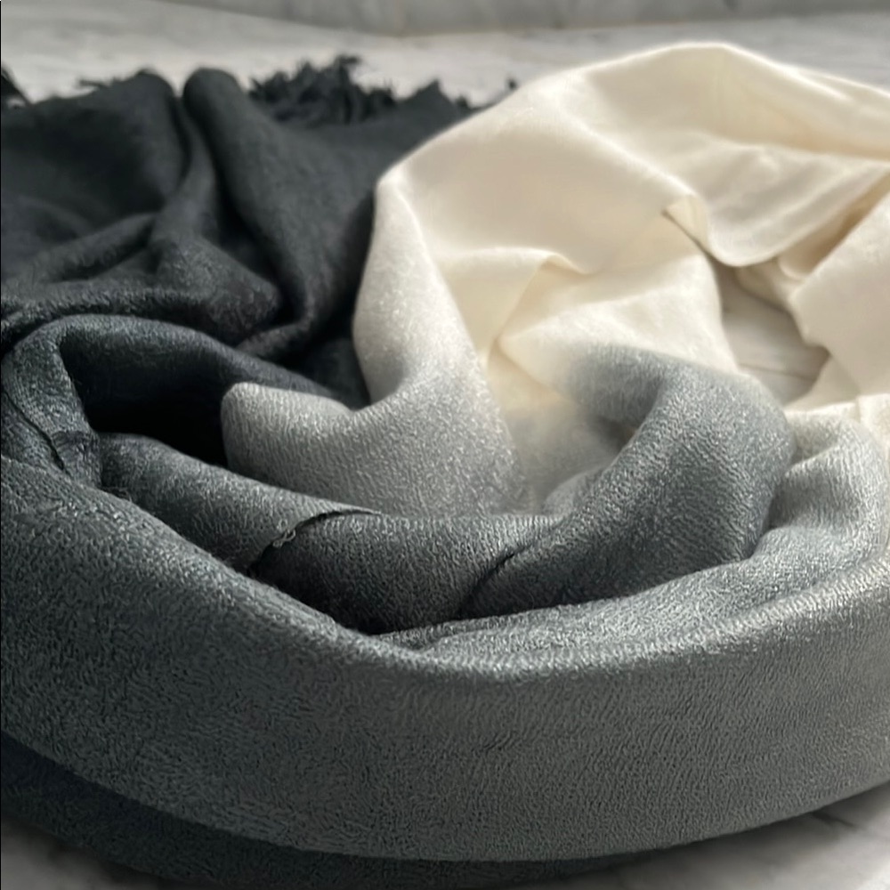 Pashmina Grey-Silver-White Gradient Scarf with Fringe